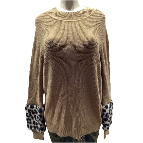 Michael Kors Mock Neckline Sweater Leopard Faux Fur Cuff NWT Size XL - Picture 1 of 8